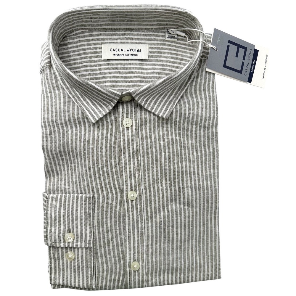 Casual Friday Button-Up Shirt Linen Blend Greige Stripe Long Sleeve Men's XL NWT
